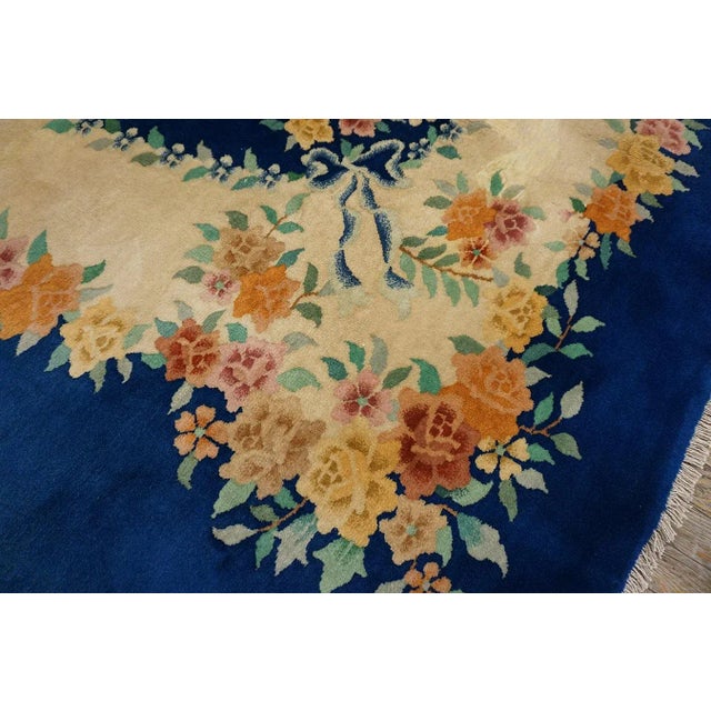 1930s Blue Navy Roses 4 Star Antique Chinese Art Deco Carpet 9' X 11'4" Knotted Wool Rug For Sale - Image 13 of 14