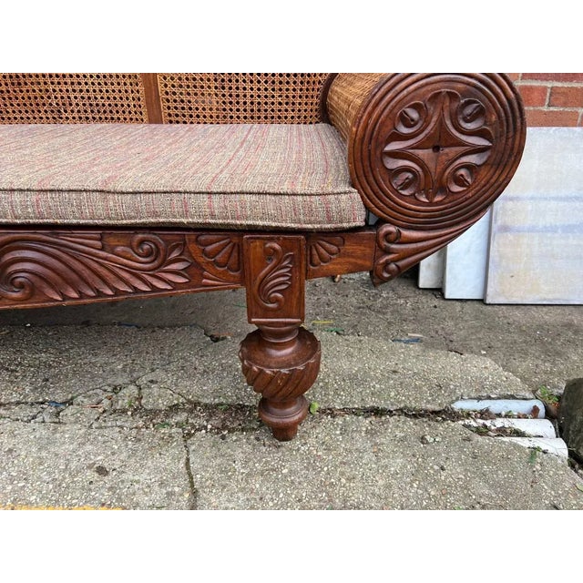 Brown Antique British Anglo Indian Carved Mahogany Cane Seat and Back Settee For Sale - Image 8 of 18