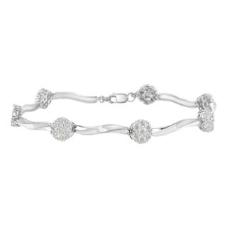 .925 Sterling Silver 1.0 cttw Miracle-Set Diamond 7 Stone Floral Cluster Link Bracelet For Sale