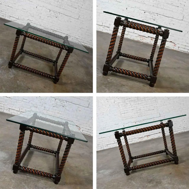 Late 20th Century Rectangular Jacobean Style Barley Twist Base & Glass Top End Table For Sale - Image 11 of 13