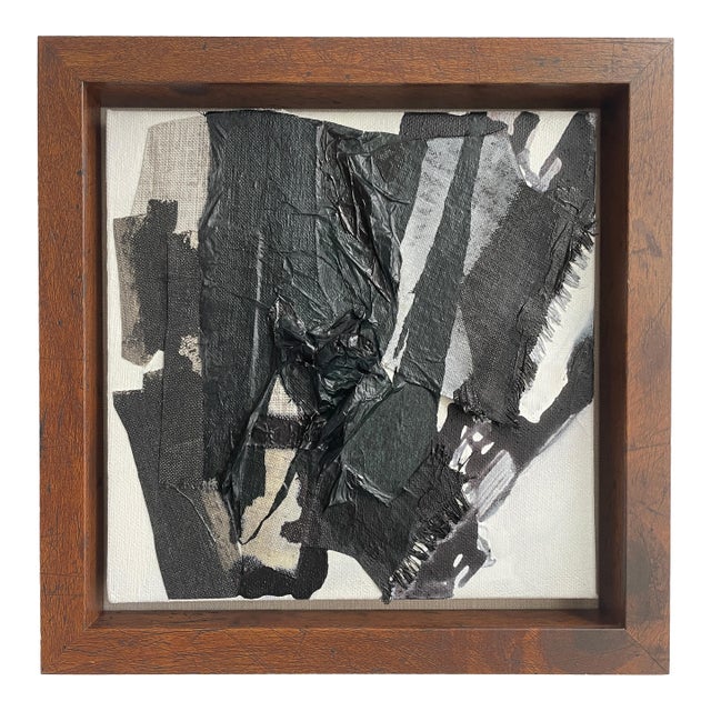 Miniature Black, White, and Gray Textured Collage Painting in Shadow Box Frame – Modern Bookshelf Art Decor For Sale