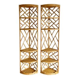 Boho Chic Chippendale Style Bamboo Rattan Corner Etageres - a Pair For Sale
