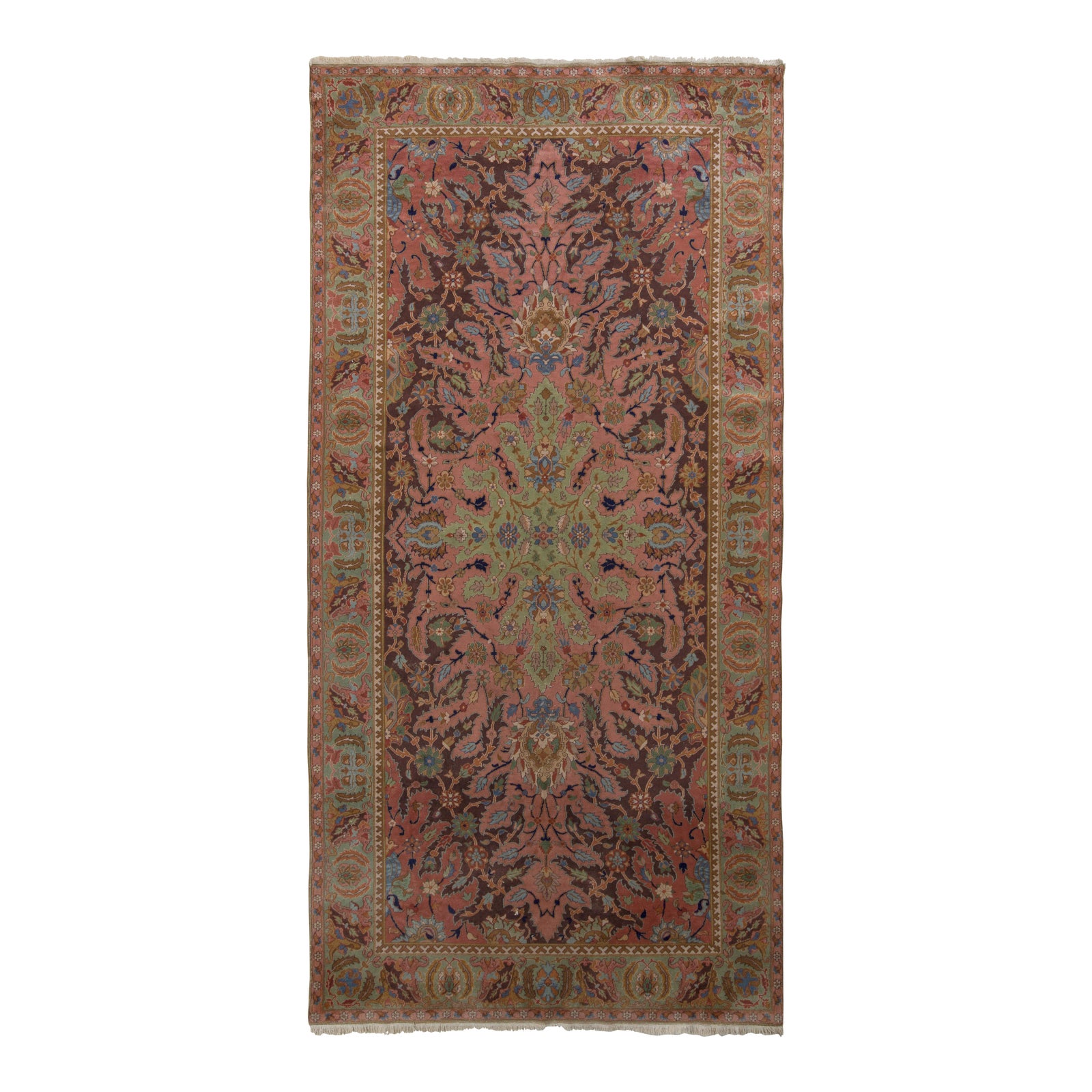 Hand-Knotted Antique Polonaise Rug in Pink and Green Floral Medallion ...