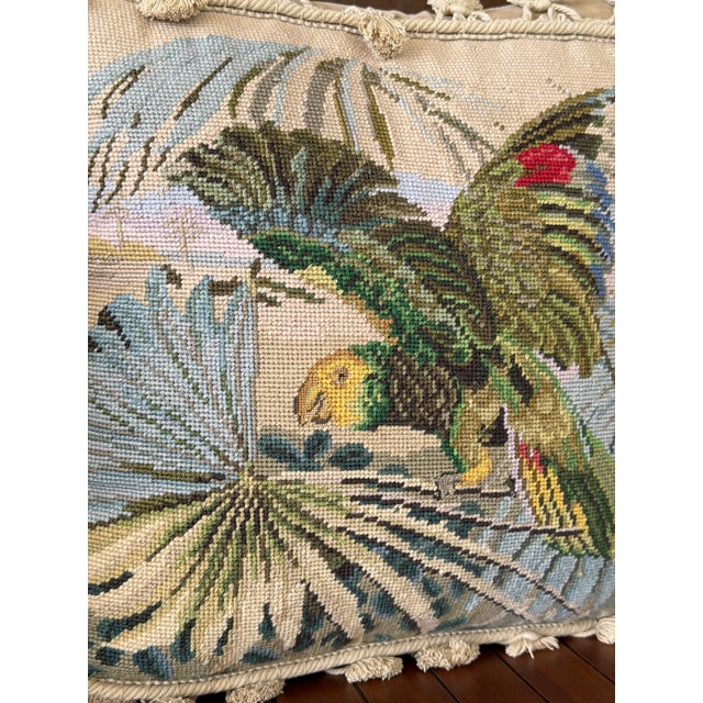 Mid 20th Century Vintage Tropical Bird Needlepoint Pillows With Tassel Trim Velvet Back-Pair For Sale - Image 5 of 12