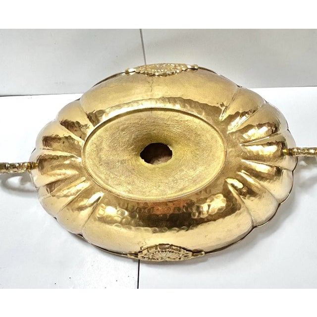 Large Hollywood Regency Brass Pedestal Bowl – Scalloped Centerpiece With Ornate Handles For Sale - Image 10 of 12
