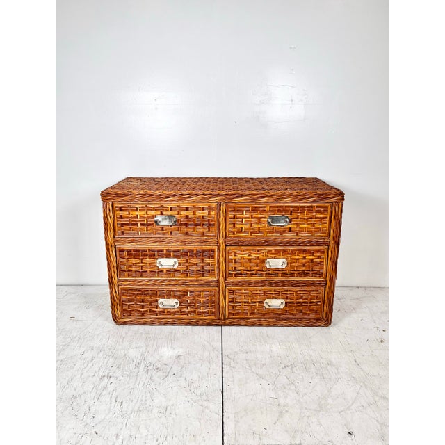 Mid-Century Modern Vintage Woven Rattan Wicker Campaign Dresser For Sale - Image 3 of 12
