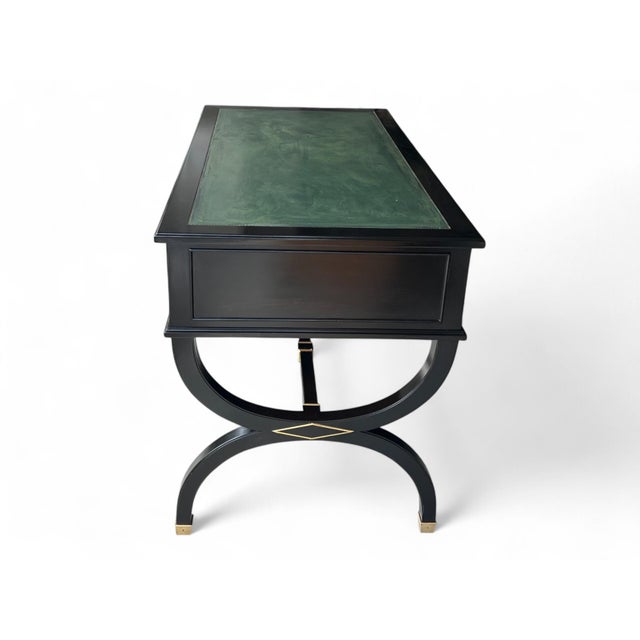 Vintage Hollywood Regency Style Ebonized Desk With Green Leather Top and Brass Details For Sale - Image 10 of 15