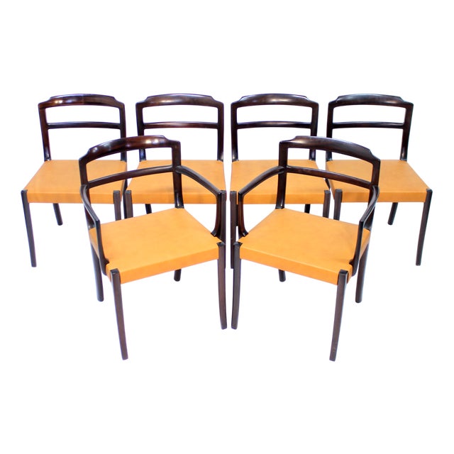 Danish Leather and Mahogany Dining Chairs by Ole Wanscher for Cado, 1960s, Set of 6 For Sale