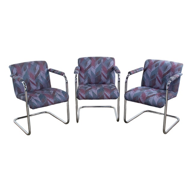 Late 20th Century Modern Set of 3 Armchairs W/Chrome Tube Cantilever Frames Style of Steelcase For Sale