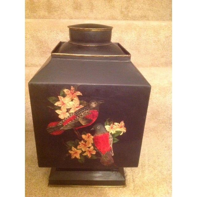 Metal Vintage 1990s Vintage Hand Painted Black English Tole Tea Caddy For Sale - Image 7 of 13