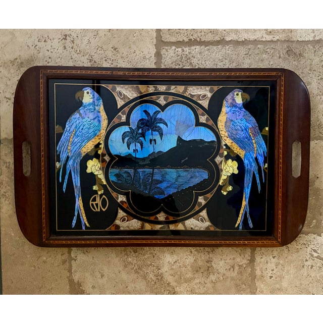 Vintage Brazilian Tray With Butterfly Wing Mosaic and Parrots For Sale - Image 4 of 9