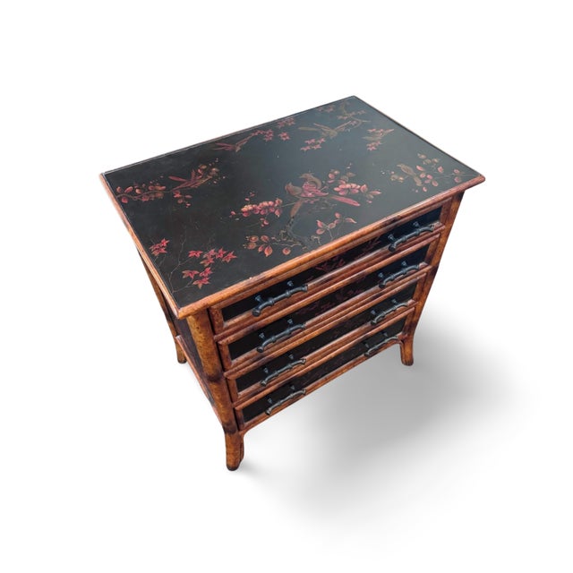 1990s Theodore Alexander Chinoiserie Lacquer Chest Bird Motif W/ Bamboo Hardware 4 Drawer For Sale - Image 11 of 14