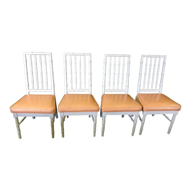 Late 20th Century Faux Bamboo Dining Chairs With Melon Leatherette - Set of 4 For Sale
