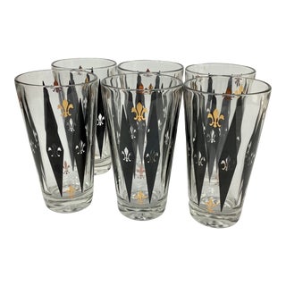 Vintage Highball Glasses With Black Diamonds and Fleur De Lis Decoration - Set of 6 For Sale