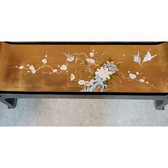 Gold Hollywood Regency Black Lacquer & Gold Leaf Chinoiserie Bench For Sale - Image 8 of 11