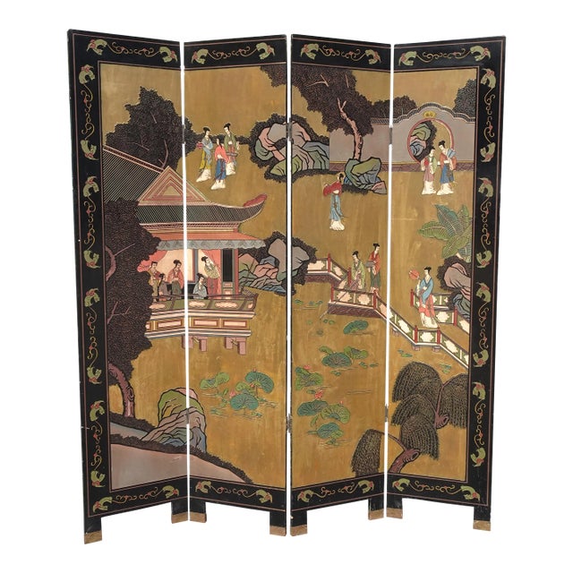 Vintage Oriental Asian Gold Coromandel Four Panel Screen Room Divider W Geishas For Sale