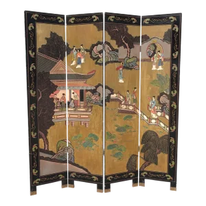 Vintage Oriental Asian Gold Coromandel Four Panel Screen Room Divider W Geishas