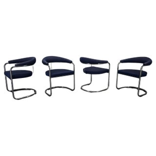 SS33 Chrome Armchairs in Blue Fabric by Anton Lorenz for Thonet, 1970s, Set of 4 For Sale