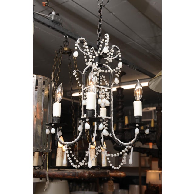Petite 4-Light Iron & Opaline Glass Beaded Chandelier, 1940s Italy For Sale - Image 14 of 14