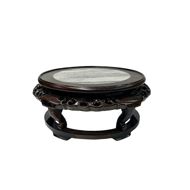 Wood 8.25" Oriental Brown Wood Marble Round Table Top Stand Riser For Sale - Image 7 of 8