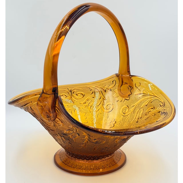 Indiana Glass Company Brockway Indiana Glass Large Tiara Amber Sandwich Handled Basket Signed j.t. For Sale - Image 4 of 10