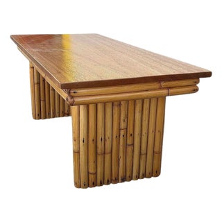 1950s Restored Large Rattan & Mahogany Coffee Table w/ Vertically Stacked Legs For Sale