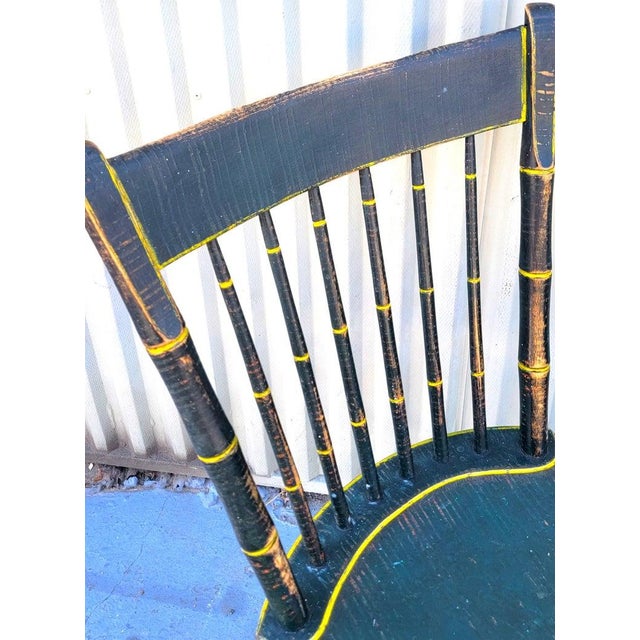 19Thc Origin. Green Paint & Mustard Stripe Thumb Back Windsor Chairs Set of Five For Sale In Los Angeles - Image 6 of 8