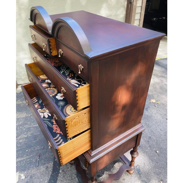 Vintage a.c Norquist Co. Highboy Dresser – Brass Pulls & Dovetail Drawers For Sale - Image 4 of 12