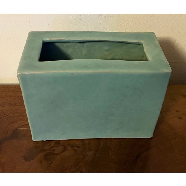 Early 20th Century Mid Century Porcelain Blue Green Aqua Monochrome Glaze Pillow Form Flower Brick Block Vase For Sale - Image 5 of 7