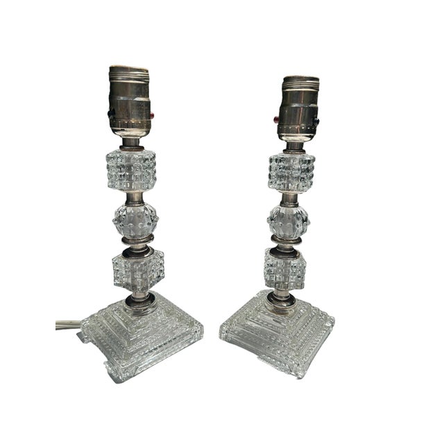 Vintage French Art Deco Cut Crystal Chrome Stacked Candlestick Lamps a Pair For Sale - Image 4 of 8