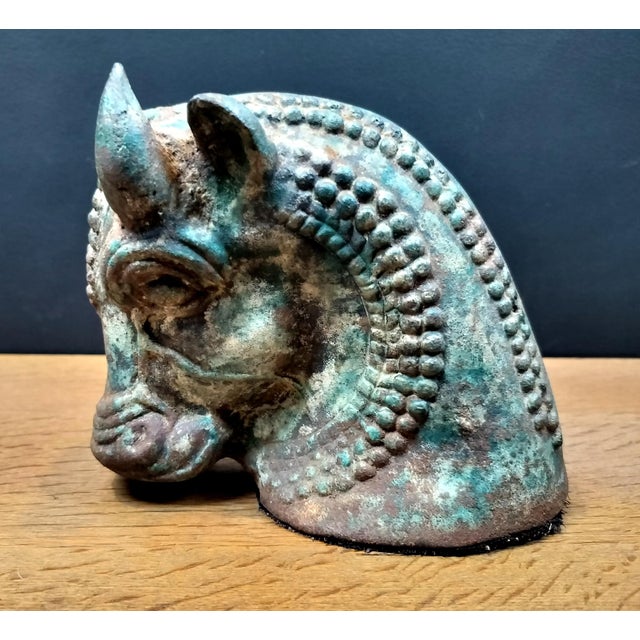 Superbly cast, decorative iron bull's head. Has amazing patina with faded green paint. Made around the 1920's-30's and...