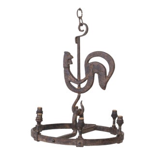 1950s Wrought Iron Rooster Chandelier by Jean Touret for Atelier Marolles For Sale