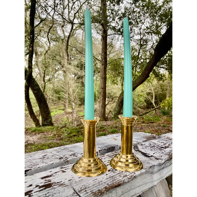 1960s Brass Post Modern Neoclassical Cylindrical Candle Holders, a Pair (After Michael Graves) For Sale - Image 5 of 10