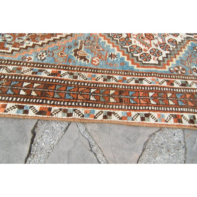 1910s Antique Geometric and Figural Brown Blue Wool Hand-Knotted Rug For Sale - Image 9 of 10