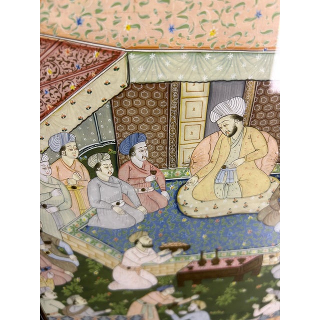 1940s Large Indian Miniature Painting Mughal Royal Court, Framed 30" For Sale - Image 4 of 10