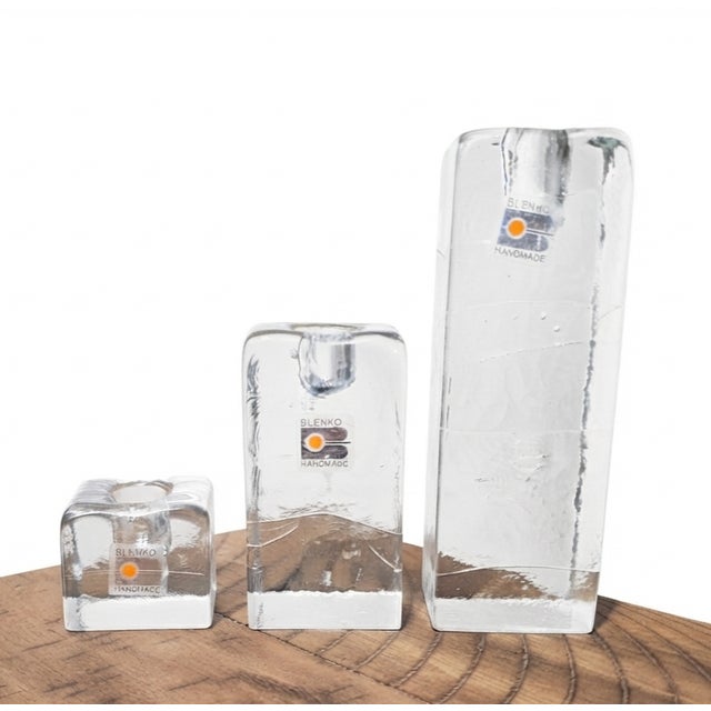 An exceptional, complete graduated trio of vintage mid-century modern "Diamonds" pattern clear art glass block candle...
