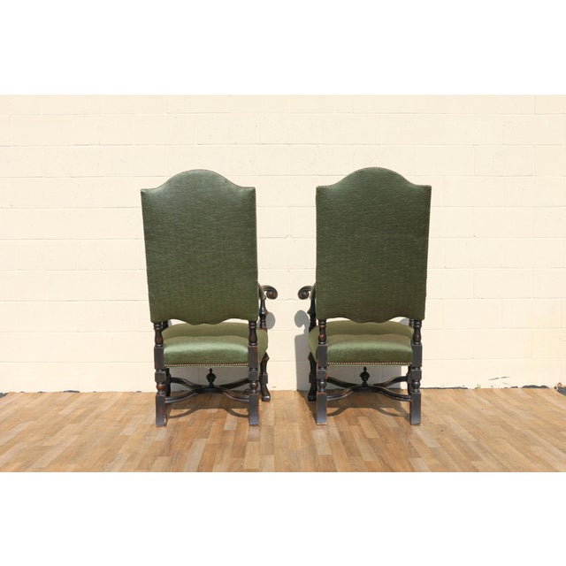 Pair of Antique High Back Throne Armchairs | Green Upholstery & Gold Monogram | Early 20th Century For Sale - Image 15 of 18