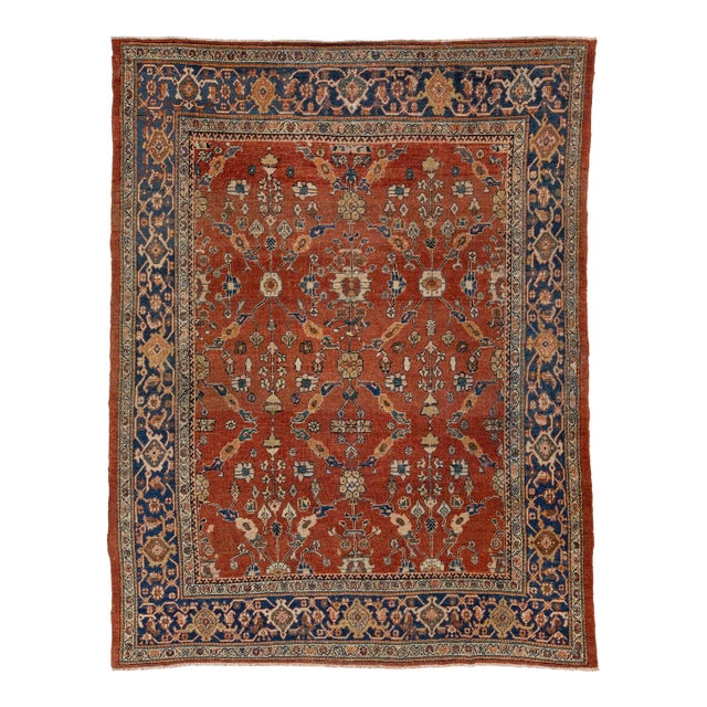 Vintage Persian Mahal Rug Hand-Knotted Wool All-Over Floral Terracotta & Indigo For Sale