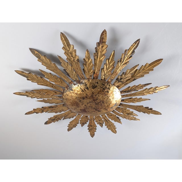 Mid-Century Gilt Metal Sunburst Flush Mount with Leaf Rays, 1950s For Sale - Image 10 of 10