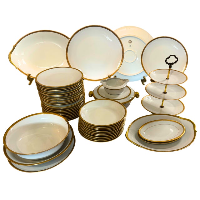 French Arès Prestige Porcelain Dinnerware Set for 12 with Hand-Gilded Gold from Raynaud Limoges, 1980s, Set of 46 For Sale - Image 11 of 11