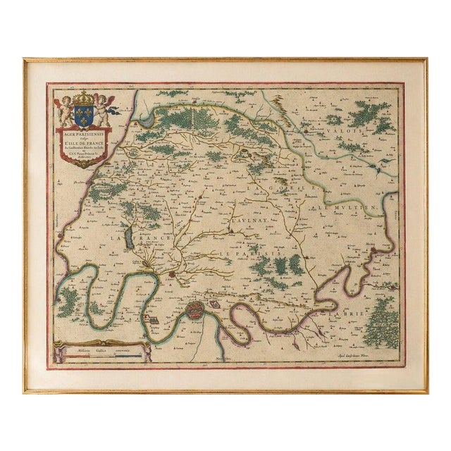 Antique Hand-Colored Map of Paris and Île-De-France from Blaeu, 1642 For Sale