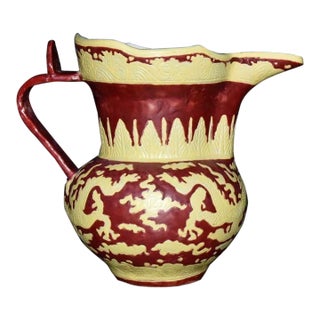 Mid 20th Century Chinese Red & Yellow Wucai Monk’s Cap Ewer, Chinese Dragon Pattern Porcelain Pitcher For Sale