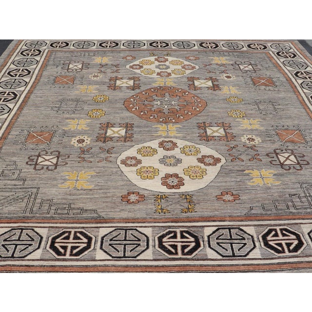 Modern Khotan Rug with Circular Medallions in Shades of Gray, Brown and Yellow. Keivan Woven Arts rug AFG-67299, Keivan...