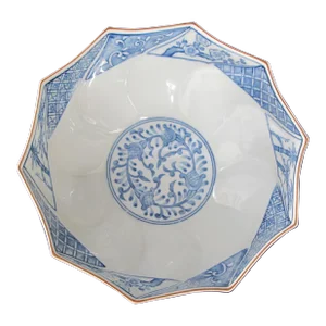 Japanese Blue Porcelain Geometric Village & Landscape Panel Gumps Polygon Bowl