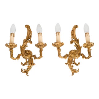 1950s Spanish Rococo Gilt Brass 2-Light Wall Sconces - A Symmetrical Pair For Sale
