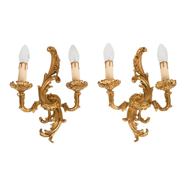 1950s Spanish Rococo Gilt Brass 2-Light Wall Sconces - A Symmetrical Pair For Sale