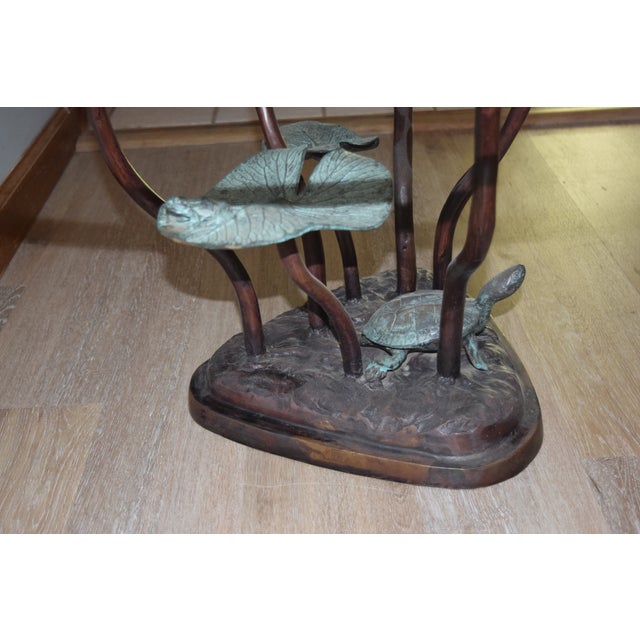 1960s Bronze Lily Pad Turtle Statue Cocktail / Coffee W Table Glass Top For Sale - Image 9 of 10