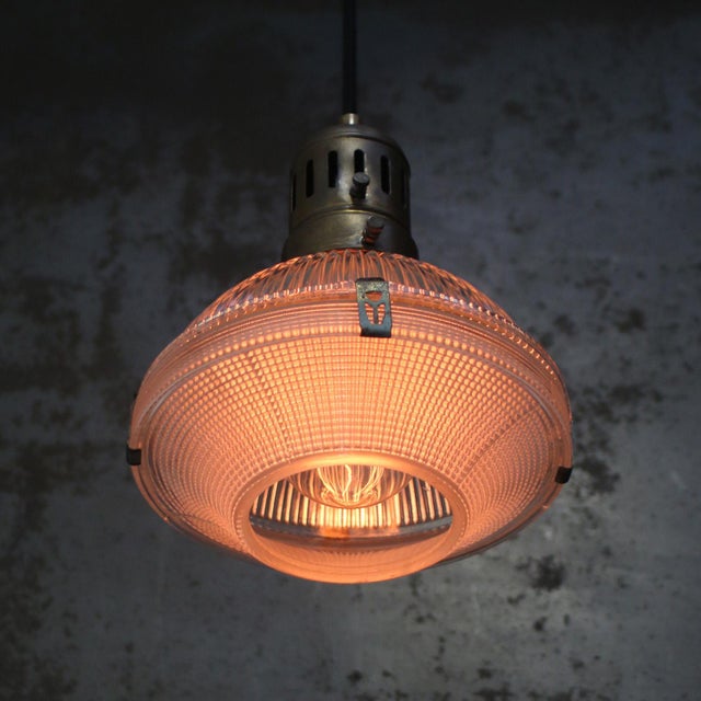 Industrial Vintage Industrial Glass and Brass Pendant Light from Holophane, France For Sale - Image 3 of 7