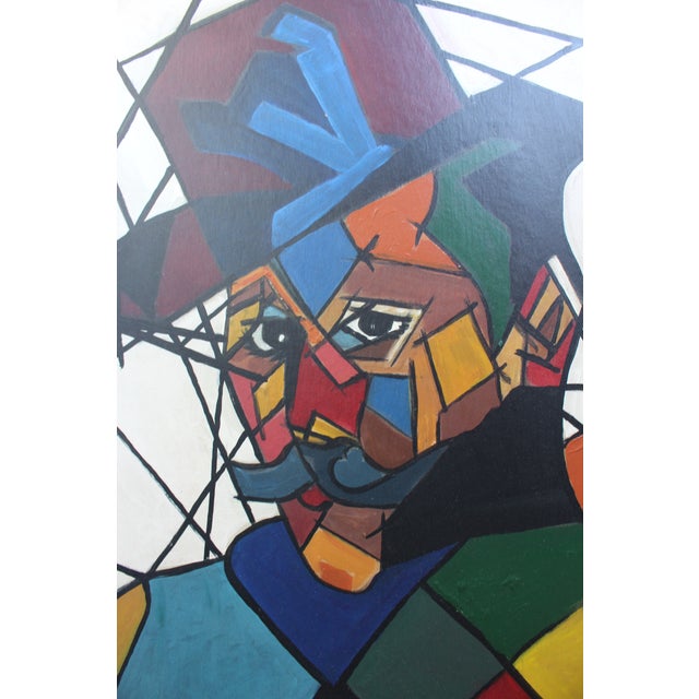 1990s "Man in Hat" Contemporary Cubist Style Figurative Acrylic Painting Framed For Sale - Image 5 of 6