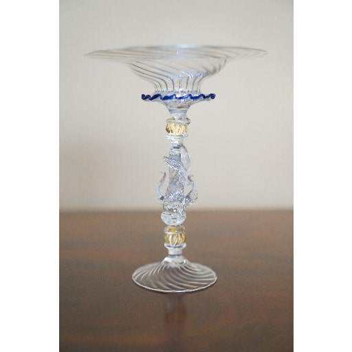 Italian Vintage Venetian Murano-Style Dolphin Stem Glass Compote With Cobalt Rim For Sale - Image 3 of 9
